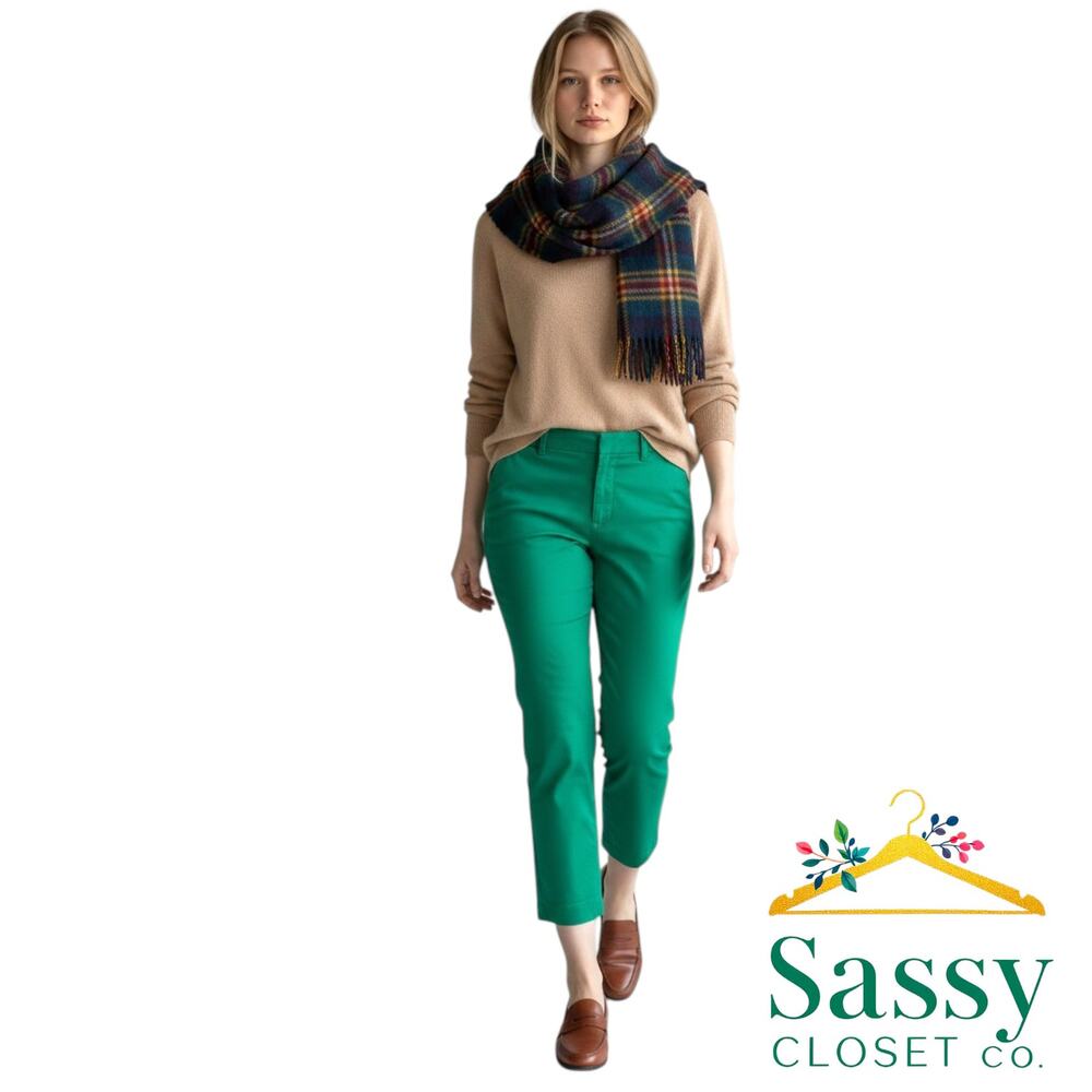 TALBOTS Woman Green Crop Pants 20W Stretch Cotton Chino Ankle Slit Trousers EUC